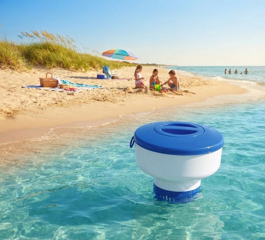 Floating chlorine dispenser on open water