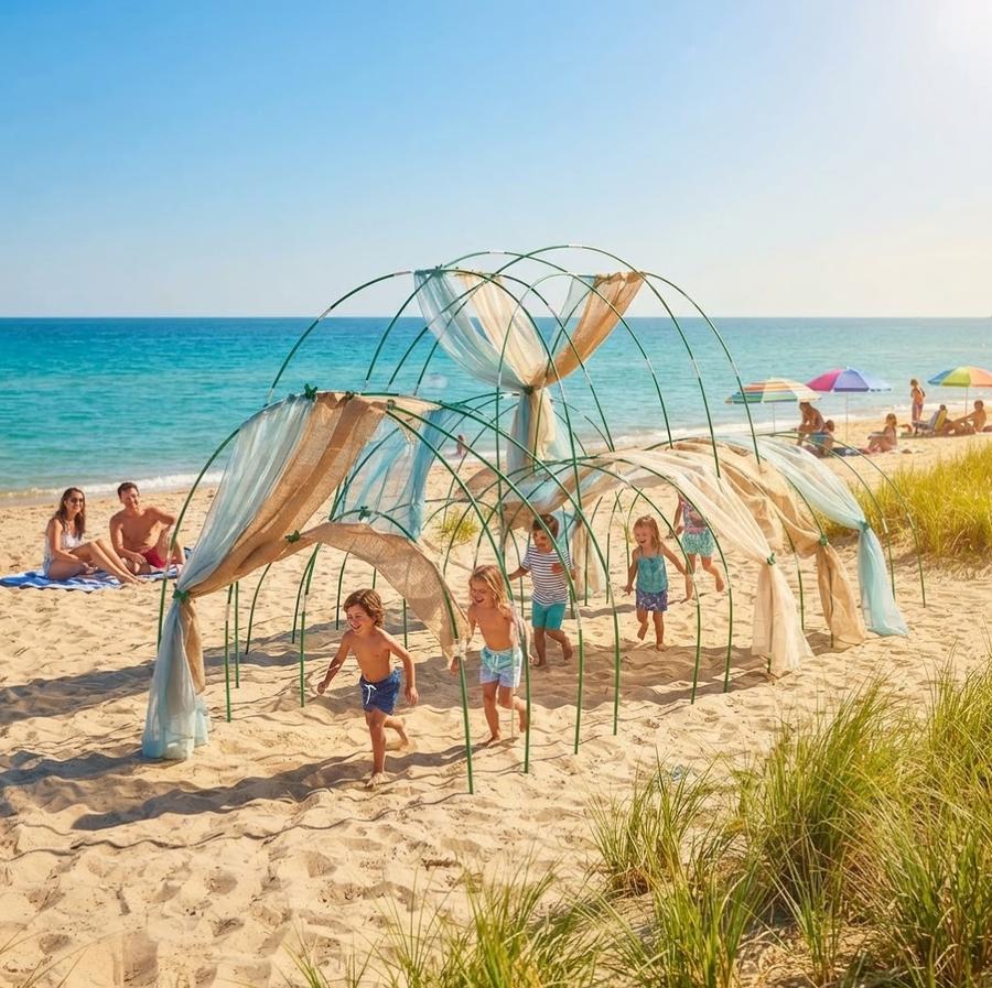 Fiberglass hoops bent into a tunnel frame outdoors