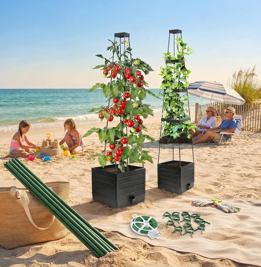 Self-watering planter boxes with trellis towers
